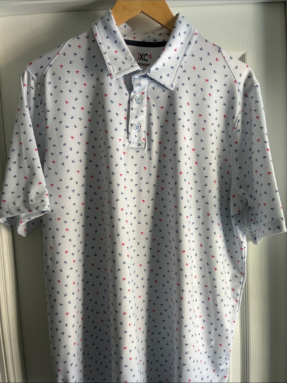 Johnston & Murphy White Polo with Red & Navy Micro Pattern